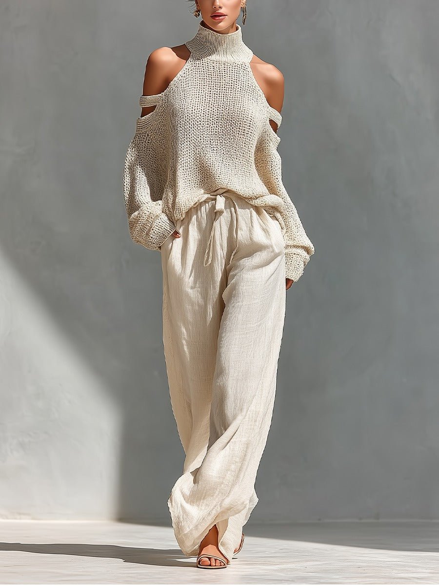 Off-shoulder two-piece set featuring a stylish top and wide-leg trousers, showcasing a modern feminine design perfect for summer outings and casual events. 0